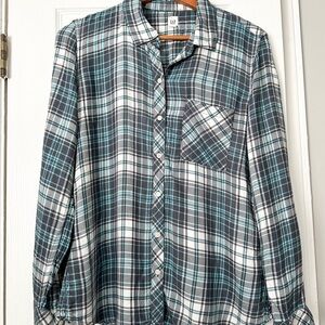 GAP Women's Teal and White Plaid Button-Down Shirt